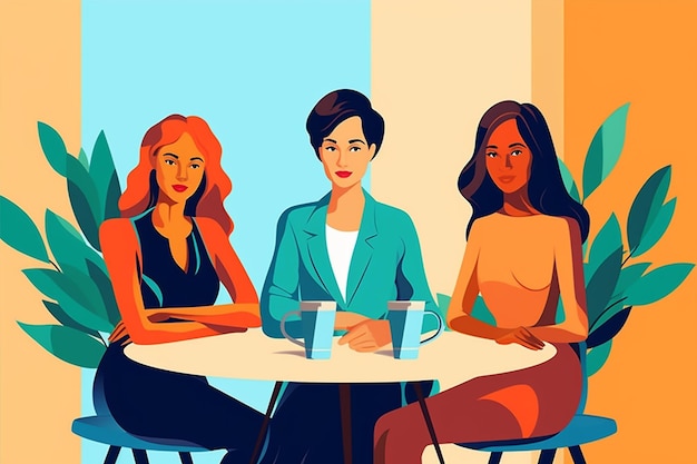 Una caricatura de mujeres sentadas en una mesa con tazas de café