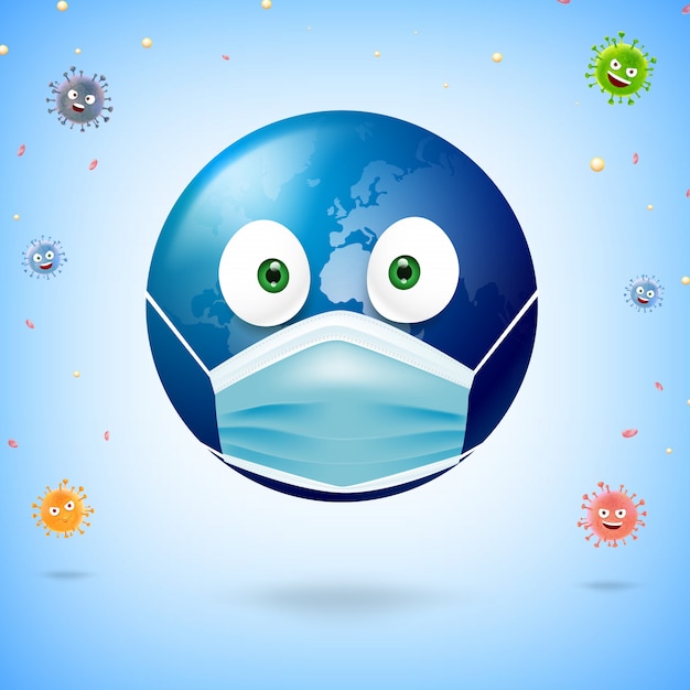 Caricatura mundial con máscara quirúrgica para proteger el virus