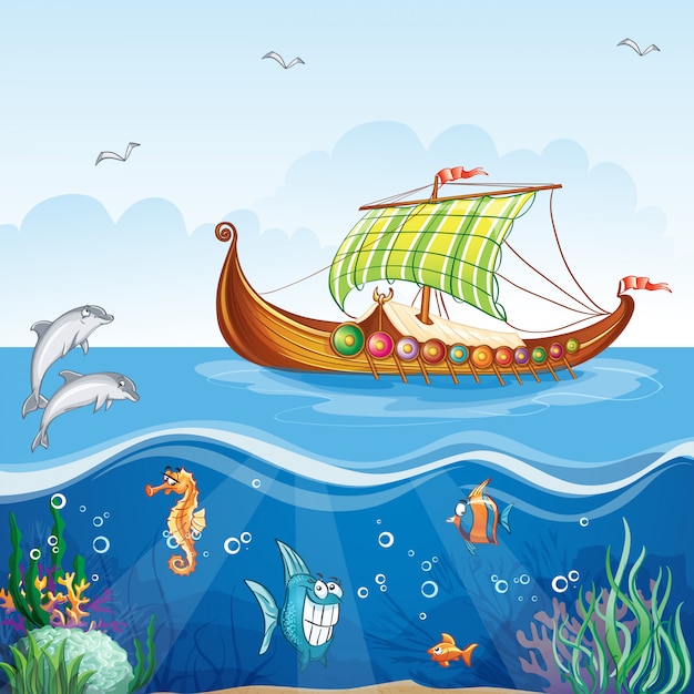 Caricatura del mundo del agua con barcos mercantes viking s.vi