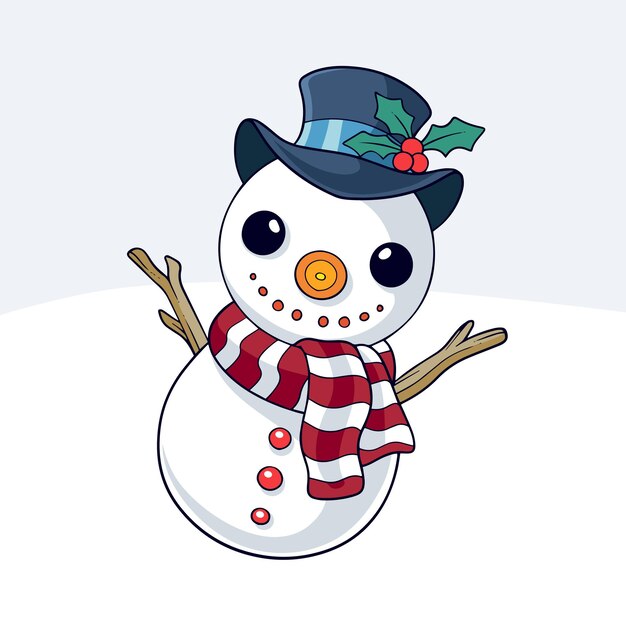 La caricatura del muñeco de nieve es feliz y ondea en la nevada