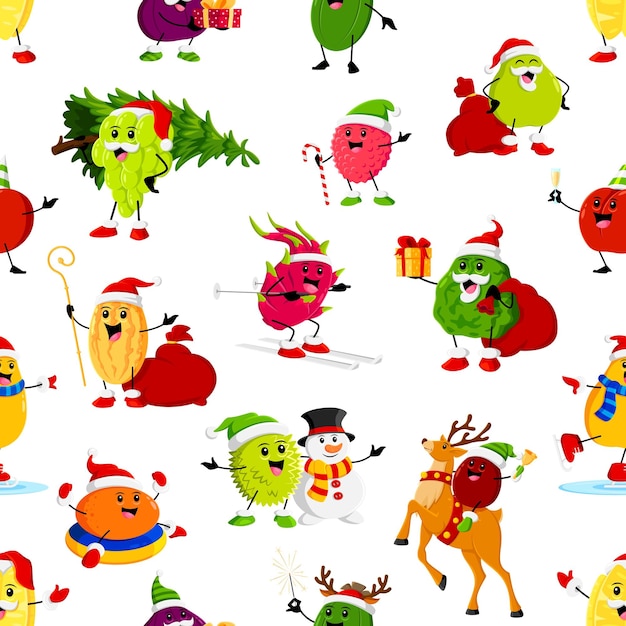 Caricatura, navidad, maduro, fruta cruda, caracteres, seamless, patrón, vector, azulejo, plano de fondo, con, uva, melón, kaffir, y, lichi, jack, o, dragón, frutas, durian, pera, naranja, y, mango, celebrar, vacaciones de navidad