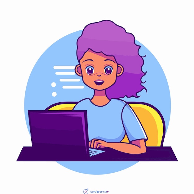 Vector una caricatura de una niña con cabello morado trabajando en una computadora portátil.