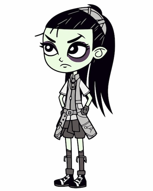 Una caricatura de una niña con cabello verde y cabello negro y una camisa blanca que dice 'zombie'.