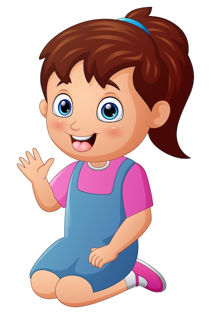 Caricatura de una niña feliz sentada y agitando la mano
