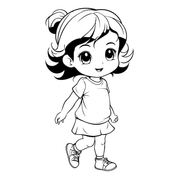Vector caricatura de una niña linda en blanco y negro ilustración vectorial diseño gráfico