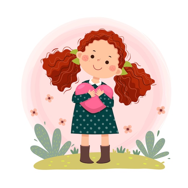 Vector caricatura de niña de pelo rizado rojo abrazando en forma de corazón. amor propio, cuidado propio.