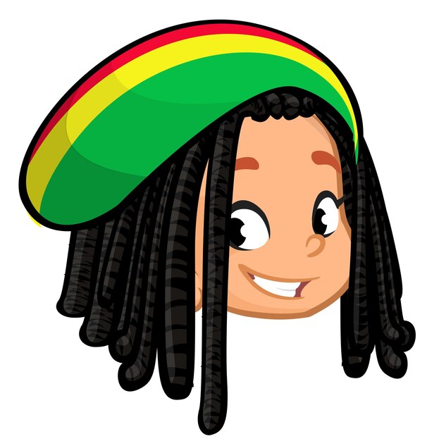 Caricatura de una niña pequeña con un sombrero rastafari. ilustración vectorial de un joven adolescente con un dibujo de la cabeza de un niño.