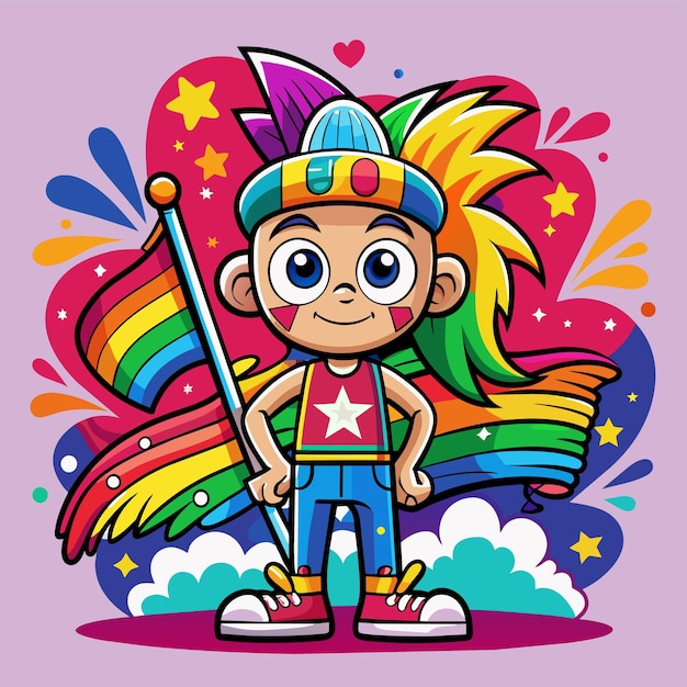 Vector una caricatura de un niño con un arco iris en la cabeza