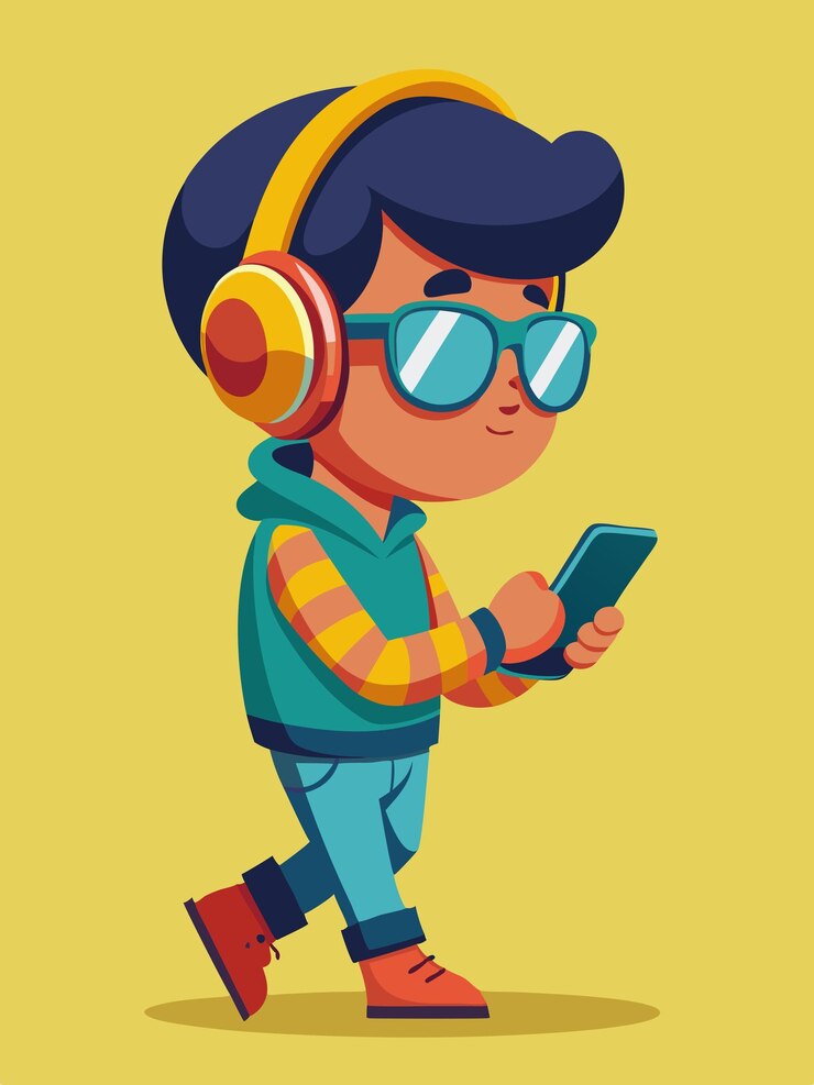una caricatura de un niño con auriculares y sosteniendo un teléfono inteligente