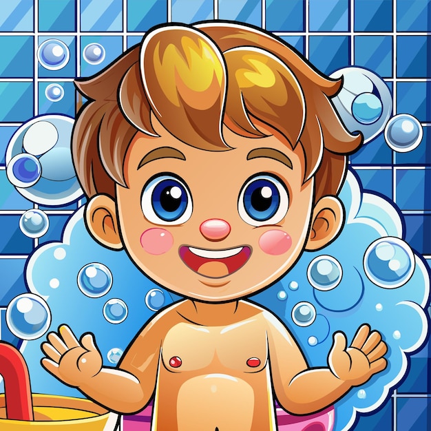 Vector una caricatura de un niño en una bañera con burbujas y una canasta de jabón