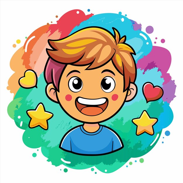 una caricatura de un niño con una camisa azul que dice "cita feliz"