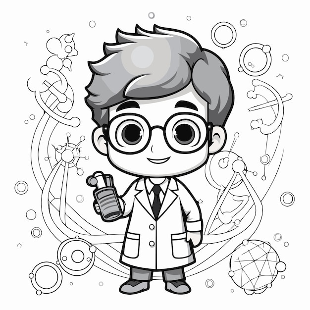 Vector caricatura de un niño científico en el tema de la ciencia ilustración vectorial diseño gráfico