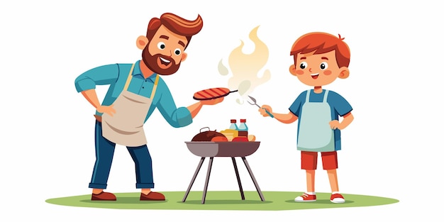 una caricatura de un niño cocinando una barbacoa con un hombre cocinando en ella