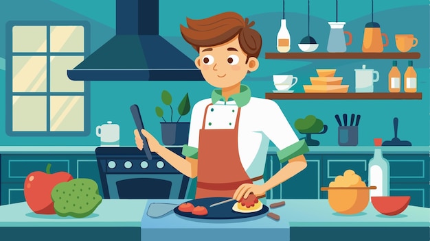 una caricatura de un niño cocinando en una cocina con una cuchara