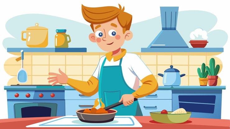 Vector una caricatura de un niño cocinando en una cocina con un personaje de dibujos animados en la parte de atrás