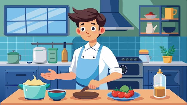 una caricatura de un niño cocinando en una cocina con un tazón de comida