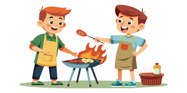 una caricatura de un niño cocinando perritos calientes con un delantal