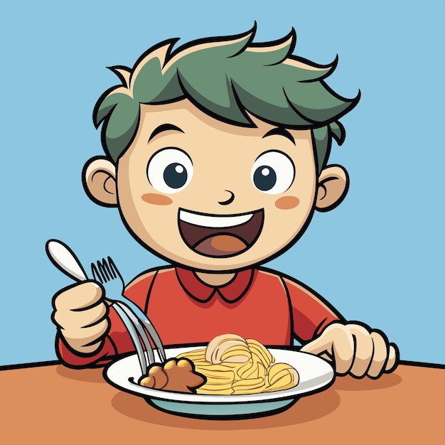 una caricatura de un niño comiendo espagueti y un tenedor