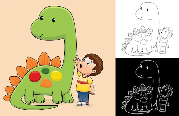 Caricatura de niño con dinosaurio gigante