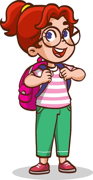 Una caricatura de un niño con gafas y una mochila rosa.