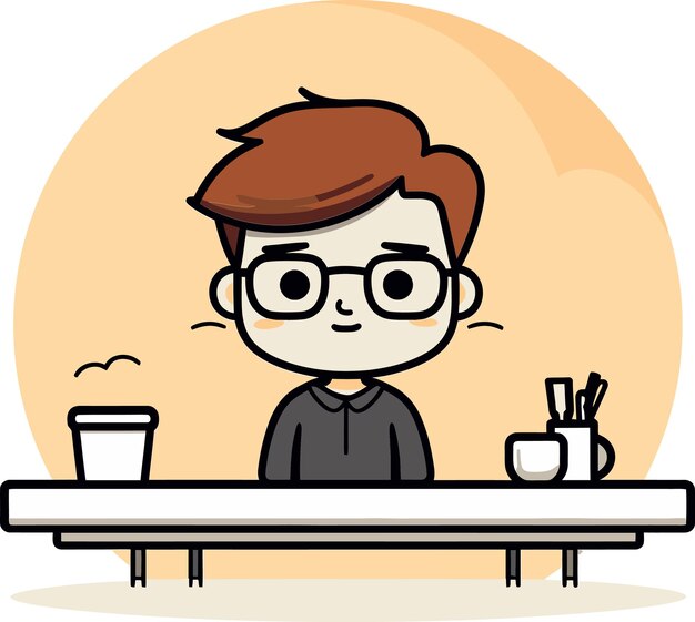 una caricatura de un niño con gafas y una taza de café