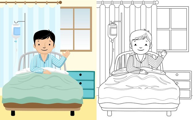 Caricatura de un niño en la habitación de hospitalización libro de colorear o página