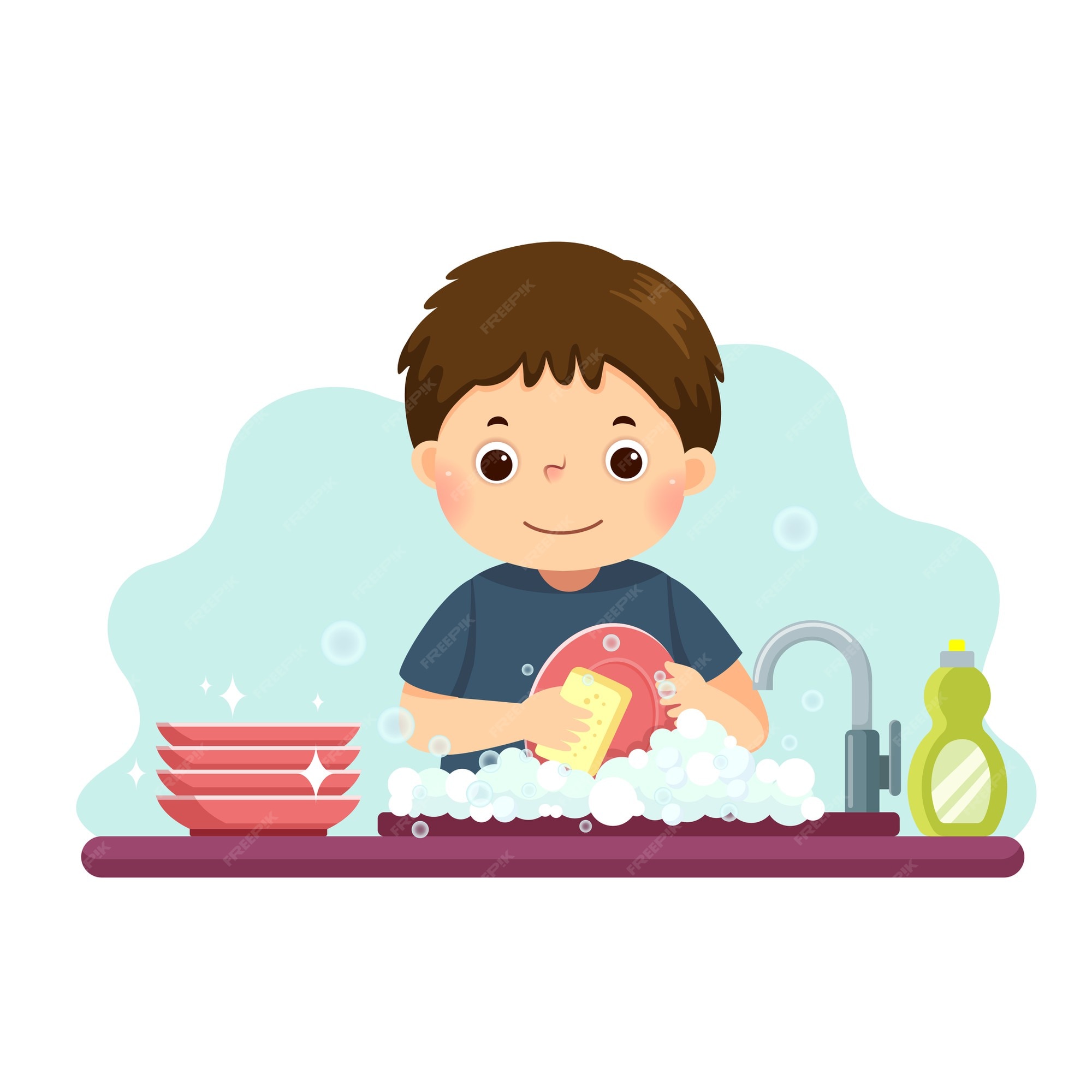 Caricatura de un niño lavando los platos en la cocina. niños haciendo  tareas domésticas en concepto de hogar. | Vector Premium