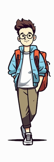 Una caricatura de un niño con una mochila y una chaqueta azul.