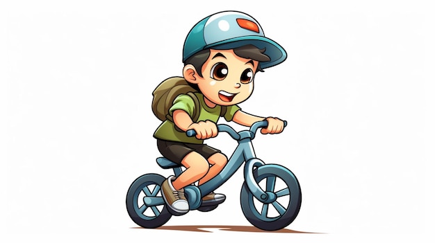 Vector una caricatura de un niño montando una bicicleta con una mochila en la cabeza