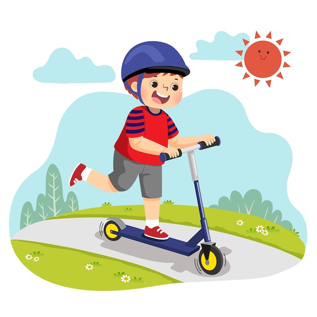 caricatura de niño montando scooter de dos ruedas en el parque