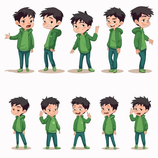 caricatura, de, un, niño, niño, en, verde, vector, postura