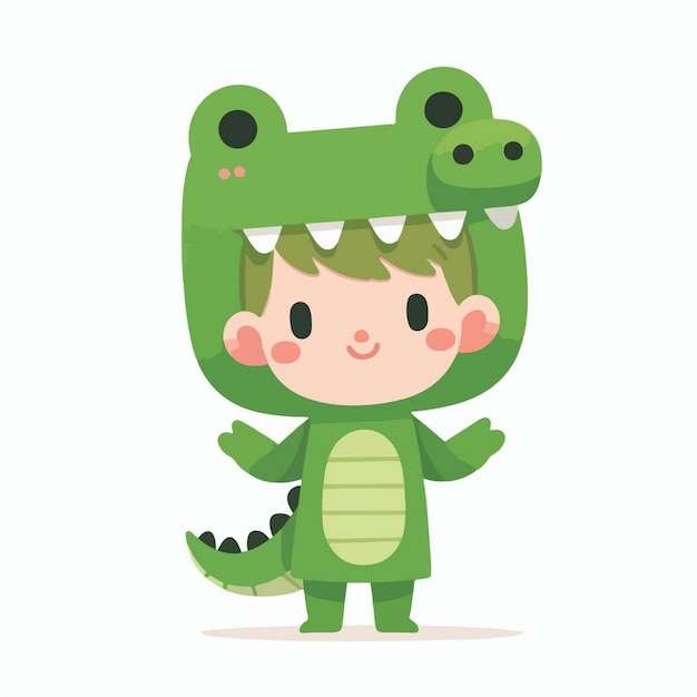 una caricatura de un niño pequeño con un cocodrilo verde en la cabeza