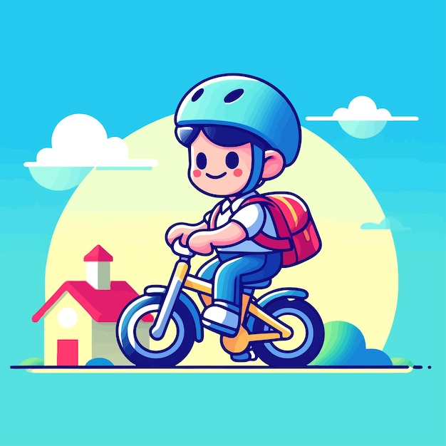 Una caricatura de un niño pequeño montando una bicicleta a la escuela mientras lleva una mochila