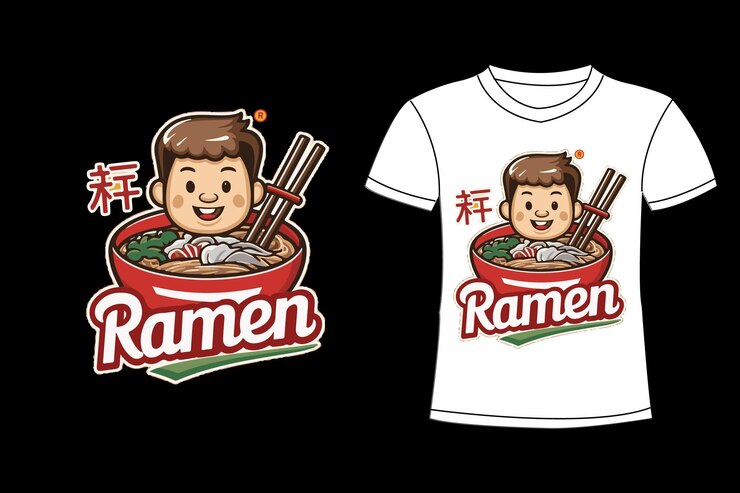 una caricatura de un niño y un plato de fideos con un niño en el medio