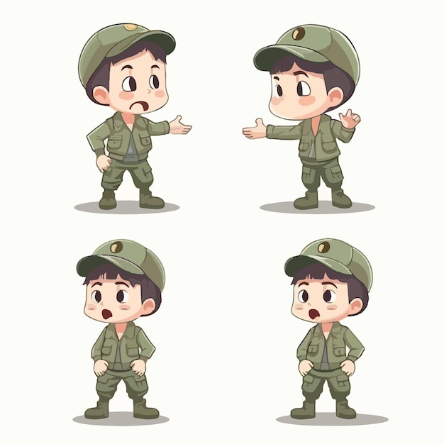 Caricatura de un niño con ropa de soldado ilustración vectorial pose de niño pequeño