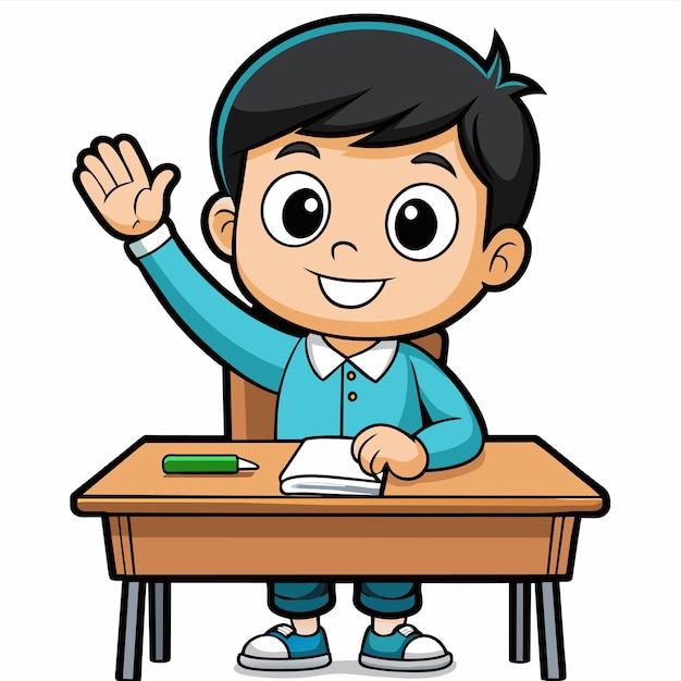 una caricatura de un niño saludando en un escritorio con un papel que dice la palabra cita