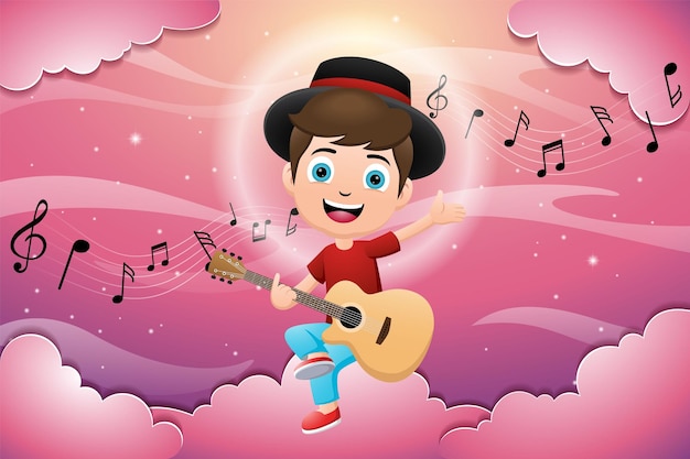 Caricatura de niño sentado en las nubes mientras toca la guitarra en el fondo de la escena del cielo