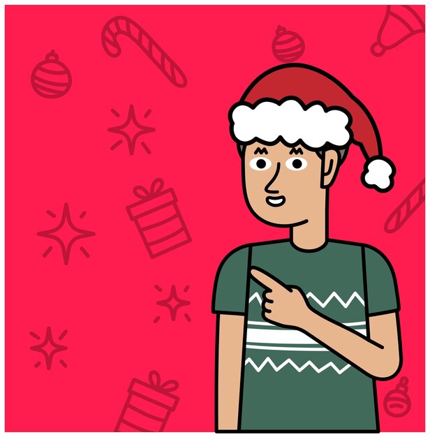 Caricatura de un niño con un suéter de Navidad señalando con el dedo