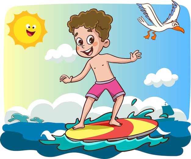 Una caricatura de un niño en una tabla de surf con un pájaro volando en el fondo.