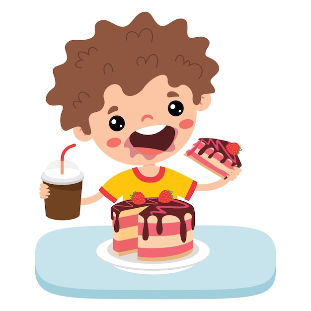 una caricatura de un niño con una taza de refresco y un pastel con una pajita en él