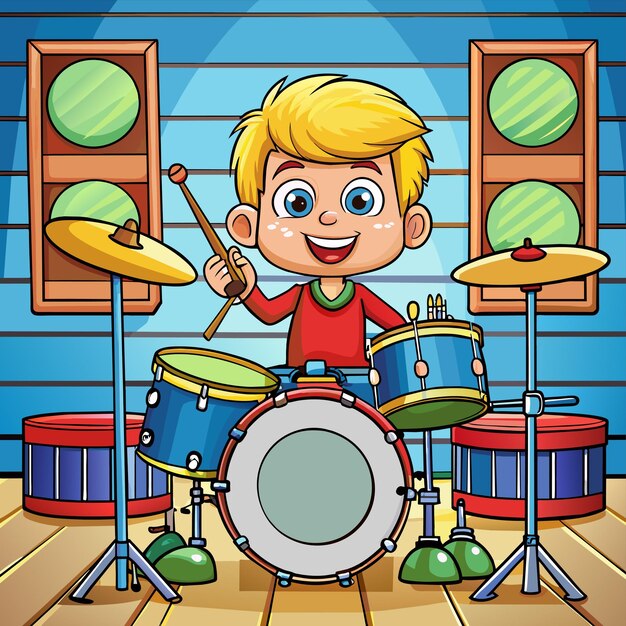 Vector una caricatura de un niño tocando un conjunto de tambores