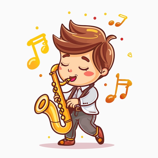 una caricatura de un niño tocando un saxofón con notas musicales