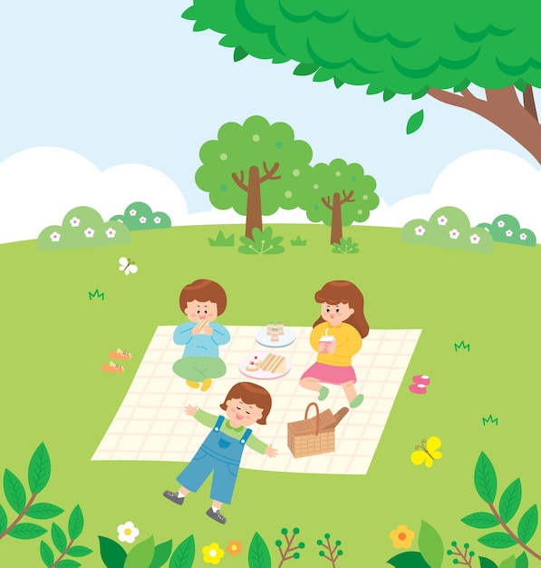 Una caricatura de niños haciendo un picnic en un parque.