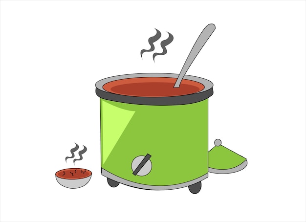 Vector una caricatura de una olla de cocción lenta con un tazón de sopa.