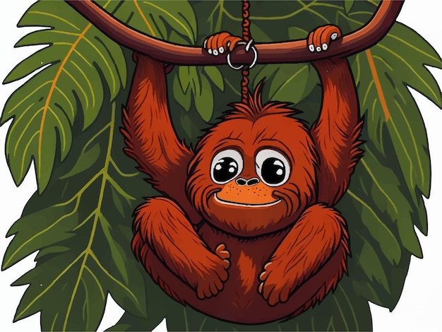 Vector caricatura de orangután lindo colgando de una rama de árbol