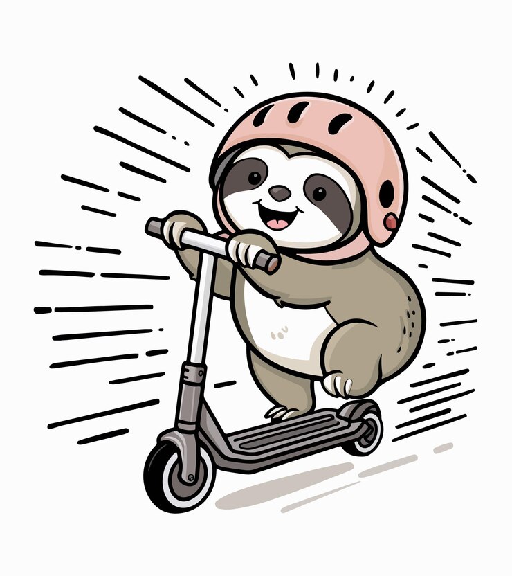 una caricatura de un oso panda en un scooter con un casco en él