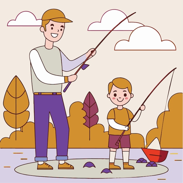 una caricatura de un padre y un hijo pescando en un estanque