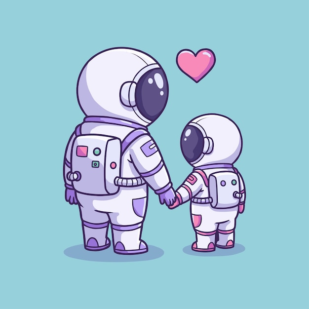 Caricatura de padres y hijos astronautas que se toman de la mano
