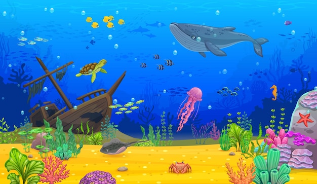 Caricatura, paisaje submarino, ballena azul, tortuga, pez, banco, y, medusa, raya, y, estrella de mar, en, algas, y, coral, fondo, vector, juego, fondo, de, mar, agua, ondas, barco hundido, y, animales marinos