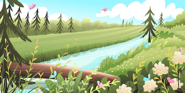 Caricatura de paisajes naturales de bosques, prados y ríos